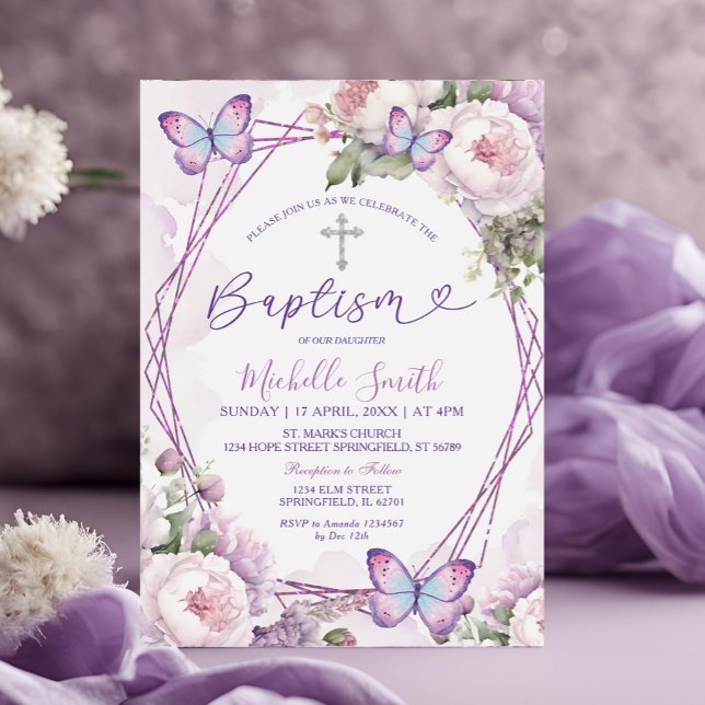 Invitación Baptismo plateado Chica de mariposa floral púrpura (Subido por el creador)