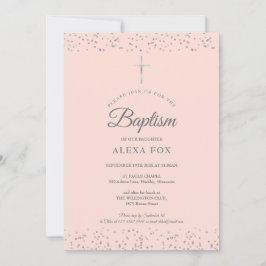 Invitación Baptismo plateado Stardust Christine Rubor Pink