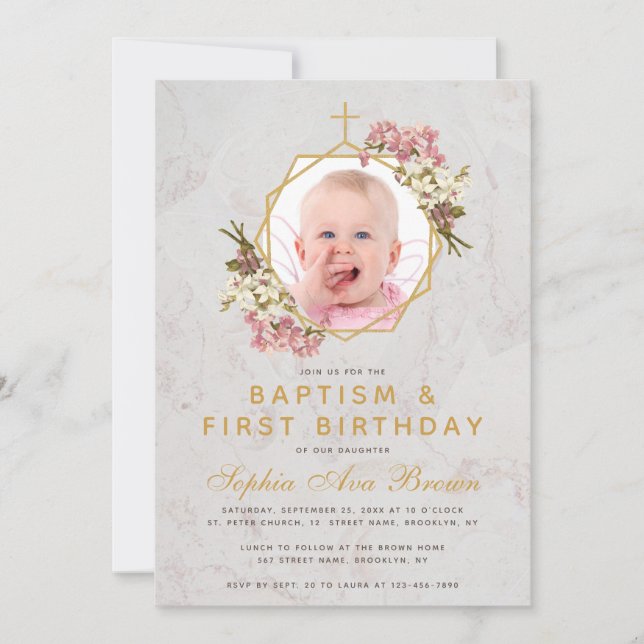 Invitación Baptismo Primer Chica de cumpleaños foto orquídeas (Anverso)