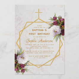 Invitación Baptismo Primer cumpleaños Borgoña Peony Marble Go