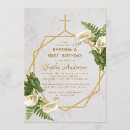 Invitación Baptismo Primer cumpleaños Calla Lilies Gold Marbl