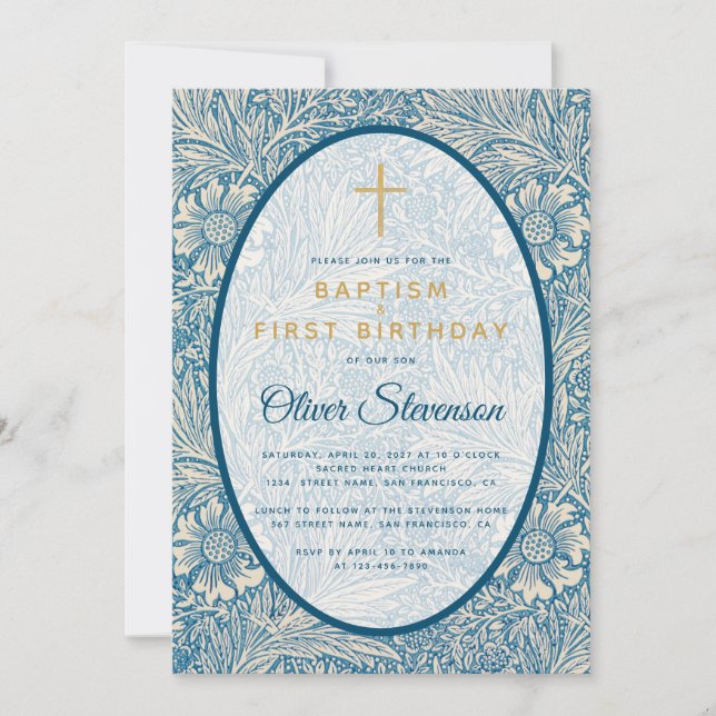 Invitación Baptismo Primer cumpleaños Floral Blanca Azul Mari (Anverso)