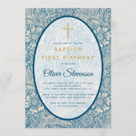 Invitación Baptismo Primer cumpleaños Floral Blanca Azul Mari