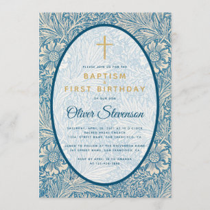 Invitación Baptismo Primer cumpleaños Floral Blanca Azul Mari