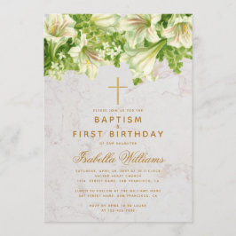 Invitación Baptismo Primer cumpleaños Lilies Marble Gold Cros