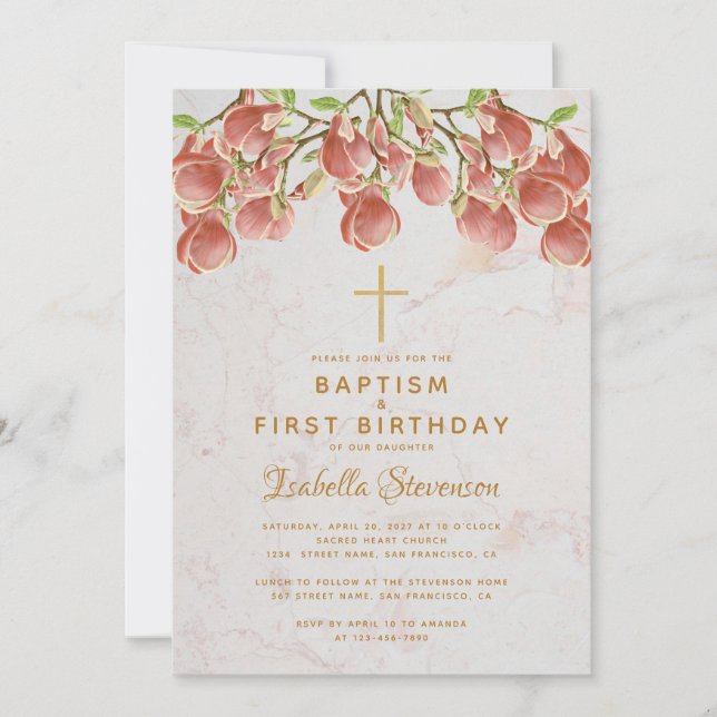Invitación Baptismo Primer cumpleaños Magnolia rosa Cruz Márm (Anverso)
