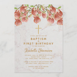 Invitación Baptismo Primer cumpleaños Magnolia rosa Cruz Márm
