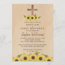 Invitación Baptismo Primer cumpleaños Sunflower Wood Cruz Rús