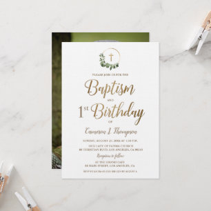 Invitación Baptismo primera foto cumpleaños cruz de oro Wreat
