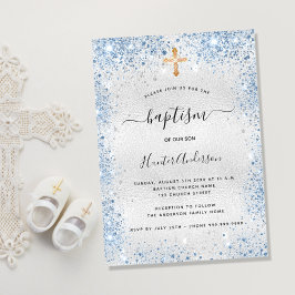 Invitación Baptismo purpurina plata niño azul elegante