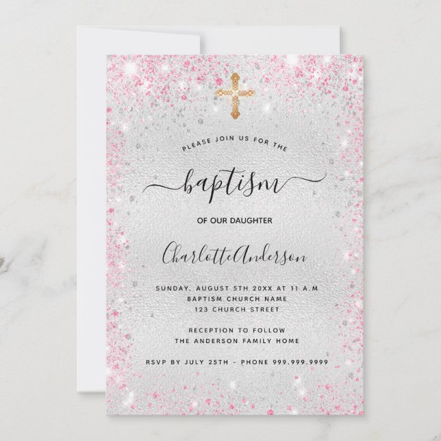 Invitación Baptismo purpurina rosa plateado chica moderno (Anverso)