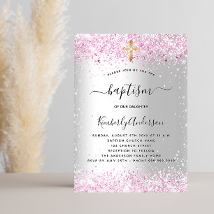Invitación Baptismo purpurina rosa plateado cruz chica lujo