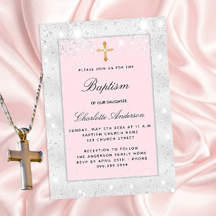 Invitación Baptismo purpurina rosa plateado cruz chica lujo