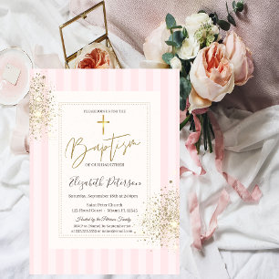 Invitación Baptismo rayado rosado del polvo de la cruz del or