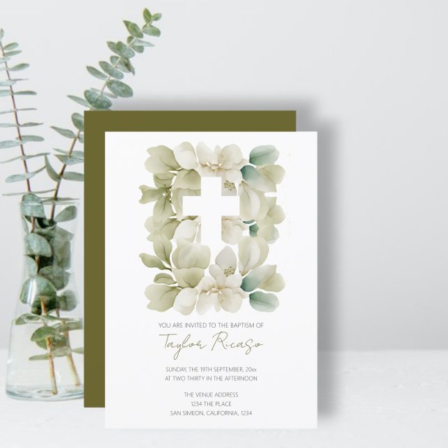 Invitación Baptismo religioso cristiano de follaje verde (Religious Christian Cross Green Foliage Baptism Invitations from Ricaso. Religious Themed invites)