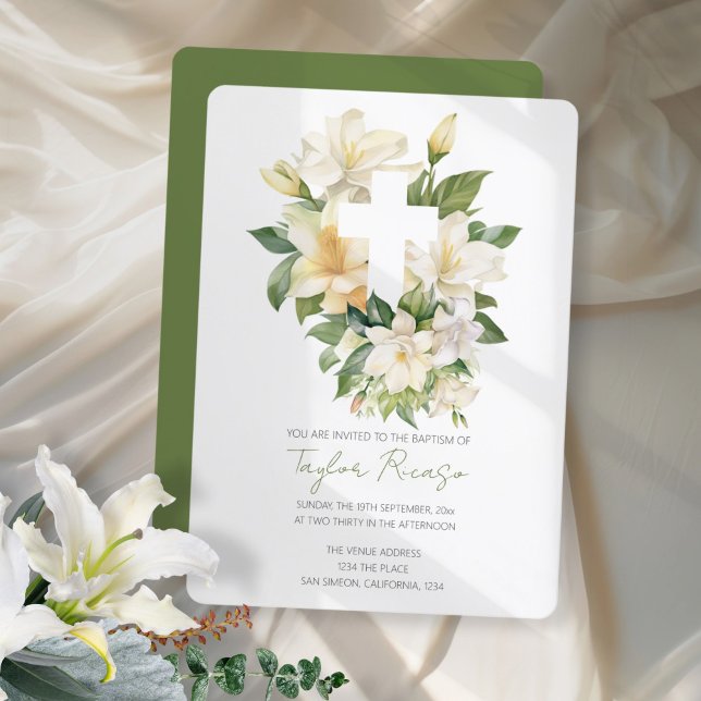 Invitación Baptismo religioso de la Cruz Cristiana Lily (Religious Christian Cross Lily Foliage Baptism Invitation by Ricaso Elegant christening announcement)