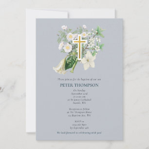 Invitación Baptismo religioso de la flor blanca azul turquesa