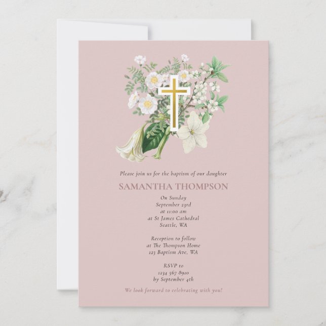 Invitación Baptismo religioso de la flor blanca y turbia rosa (Anverso)
