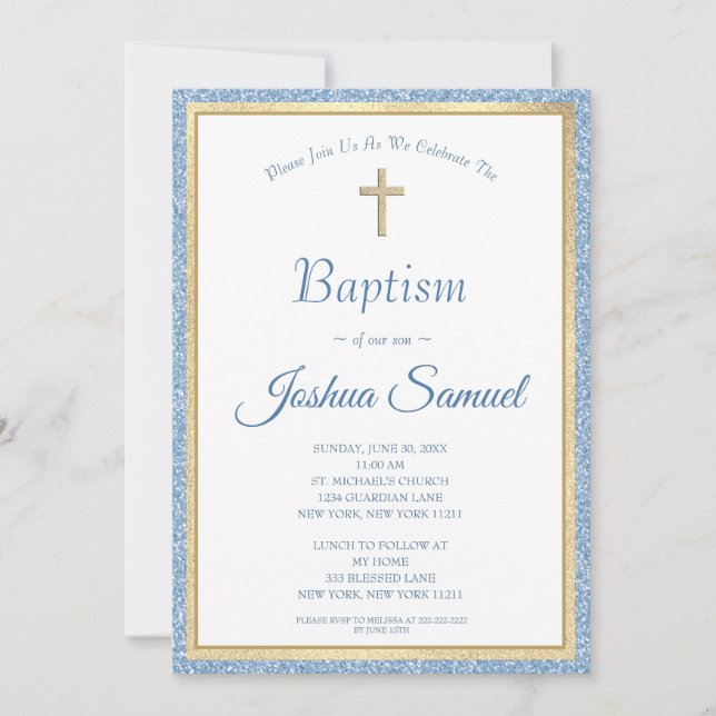 Invitación Baptismo religioso Purpurina Azul Cruz de Oro Niño (Anverso)