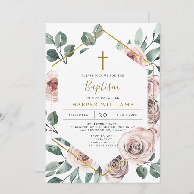 Invitación Baptismo Rosa Boho/Invitación a la Cristiandad (Anverso / Reverso)