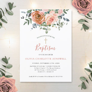 Invitación Baptismo Rosa de Coral Dusty Eucalyptus Christenin