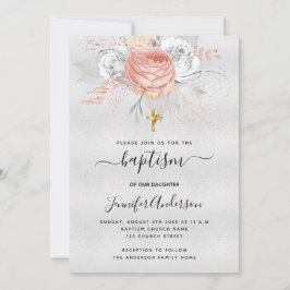 Invitación Baptismo rosa de plata florines de oro chica elega