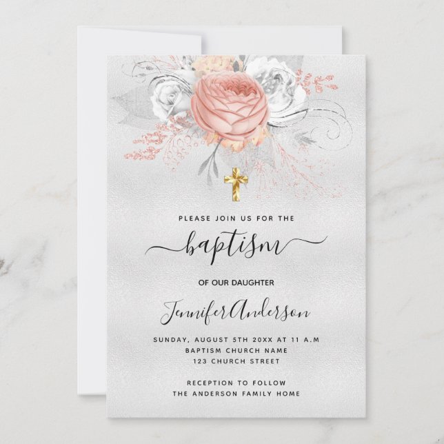 Invitación Baptismo rosa de plata florines de oro chica elega (Anverso)