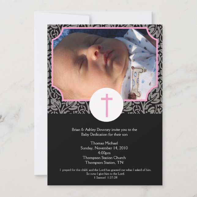 Invitación Baptismo rosa/gris/negro Dedicación del bebé 5x7 f (Anverso)