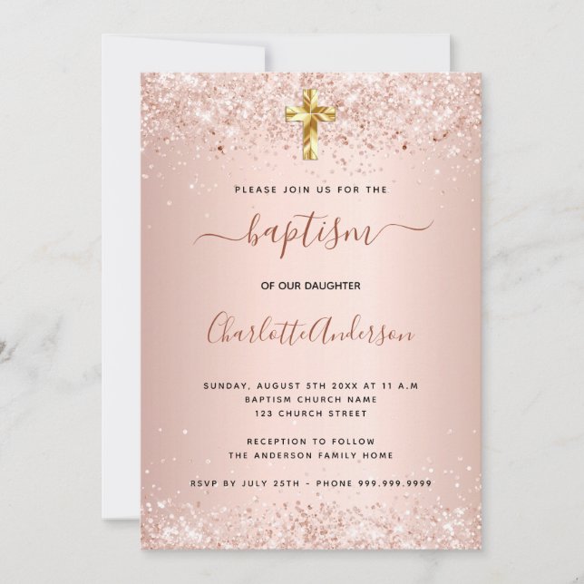 Invitación Baptismo rosa oro purpurina polvo rubor chica (Anverso)
