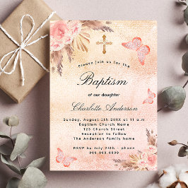 Invitación Baptismo rosa rubio oro mariposa pampas pasto