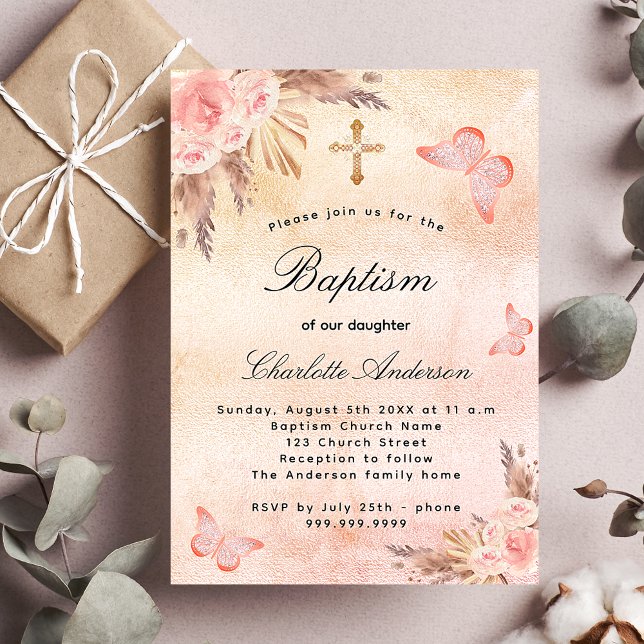 Invitación Baptismo rosa rubio oro mariposa pampas pasto (Subido por el creador)