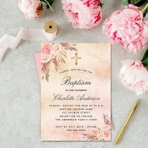 Invitación Baptismo rosa rubio oro pampas hierba floral