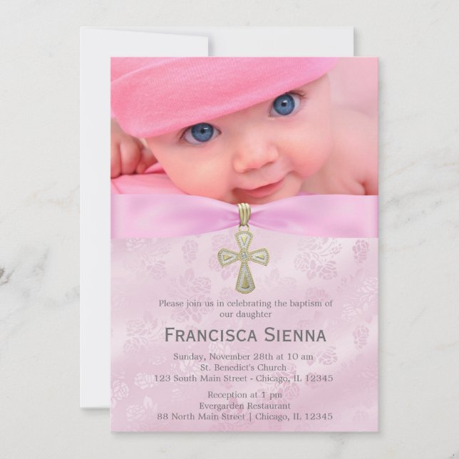 Invitación Baptismo rosas rosadas con foto (Anverso)