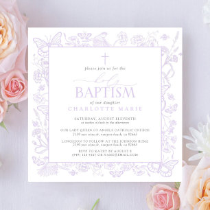 Invitación Baptismo Santo Lilac Lavender Mariposas Florales