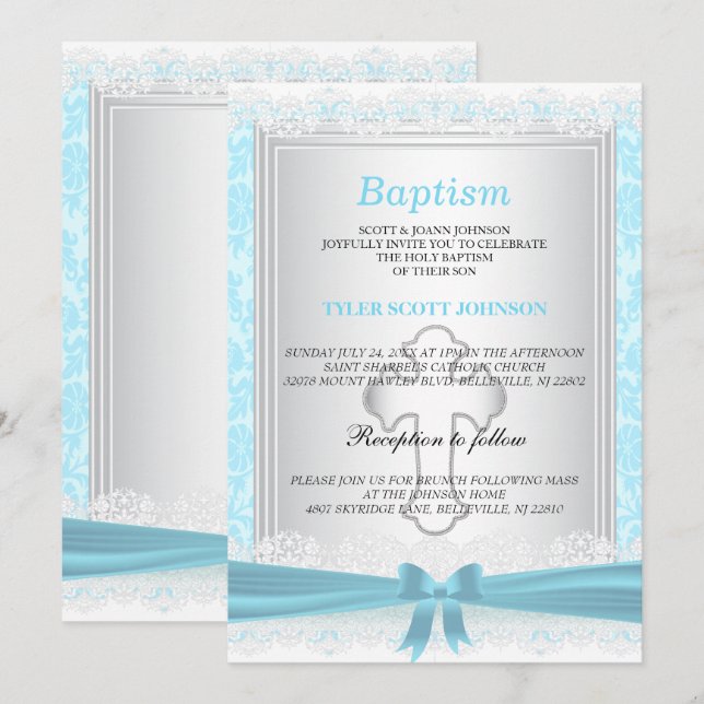 Invitación Baptismo satinado azul y blanco/cristianismo bonit (Anverso / Reverso)