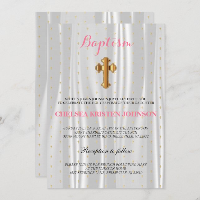 Invitación Baptismo satinado blanco bonito / cristianismo (Anverso / Reverso)