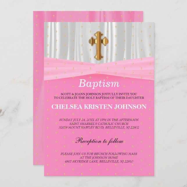 Invitación Baptismo satinado rosa y blanco / cristianismo bon (Anverso / Reverso)