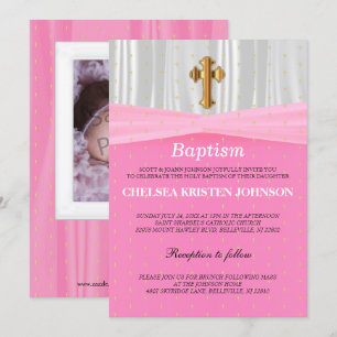 Invitación Baptismo satinado rosa y blanco / cristianismo bon