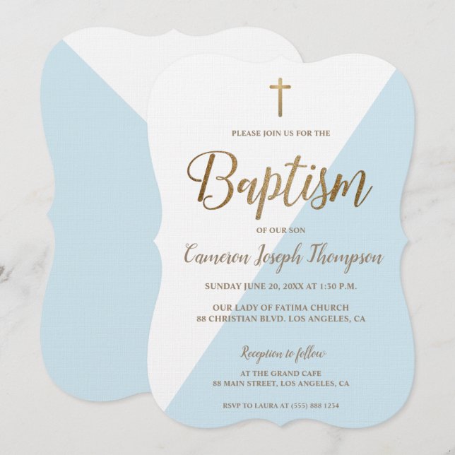 Invitación Baptismo Simple Azul Blanco Oro Moderno Escalopado (Anverso / Reverso)