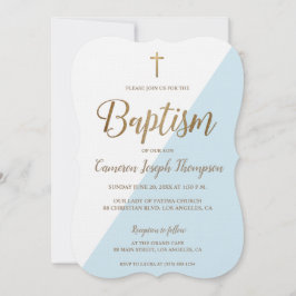 Invitación Baptismo Simple Azul Blanco Oro Moderno Escalopado
