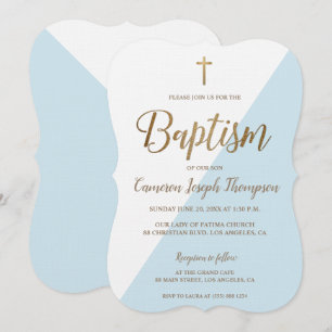 Invitación Baptismo Simple Azul Blanco Oro Moderno Escalopado