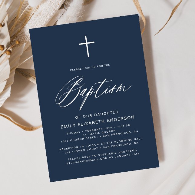Invitación Baptismo simple azul de la marina con escritura mi (Subido por el creador)