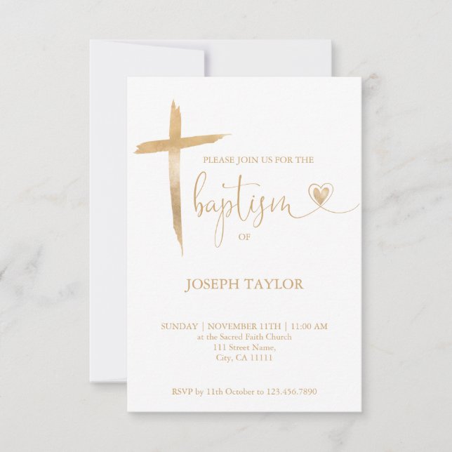 Invitación Baptismo Simple Cruz Moderna Christening Gold (Anverso)