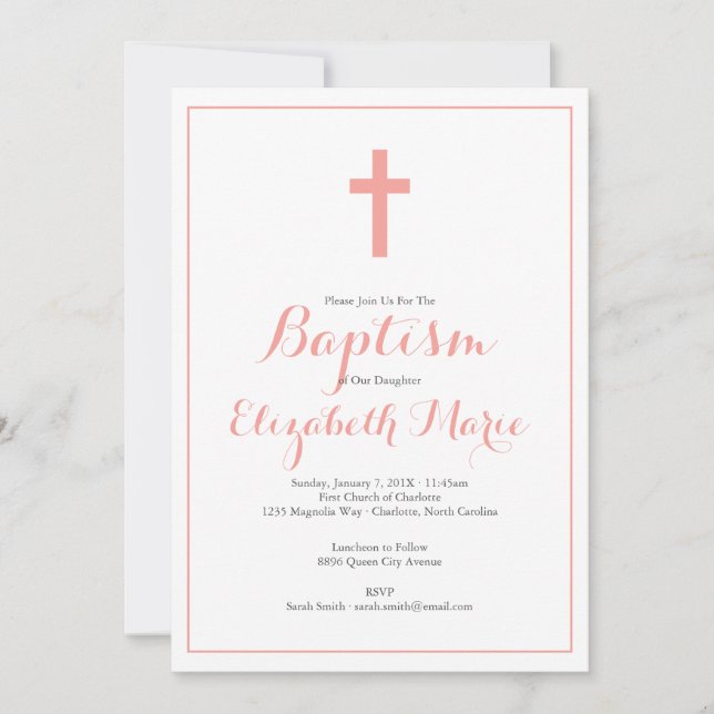 Invitación Baptismo simple de Chica cruzado rosa (Anverso)