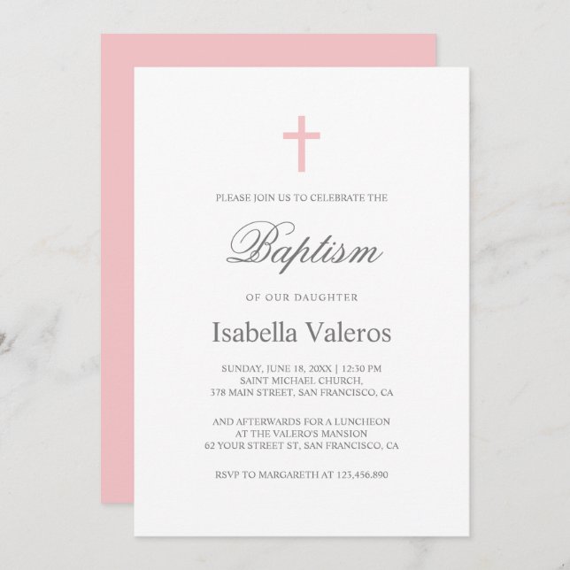 Invitación Baptismo simple de cruz rosa simple y elegante (Anverso / Reverso)