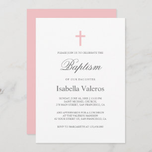 Invitación Baptismo simple de cruz rosa simple y elegante