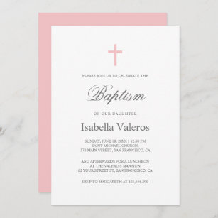 Invitación Baptismo simple de cruz rosa simple y elegante