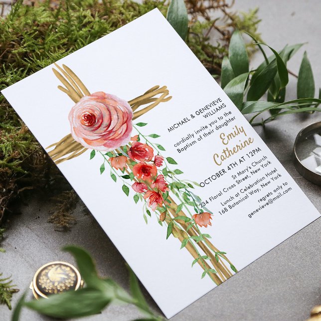 Invitación Baptismo simple de la cruz botánica floral rústica (Subido por el creador)