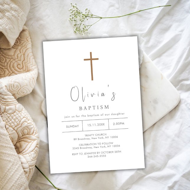 Invitación Baptismo simple de la cruz dorada (Simple Gold Cross Christening Baptism Invitation)