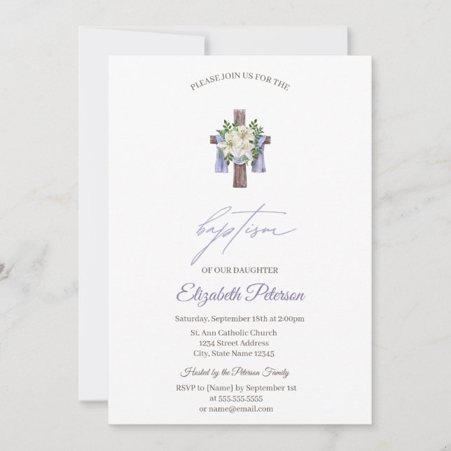 Invitación Baptismo simple de la cruz floral (Anverso)